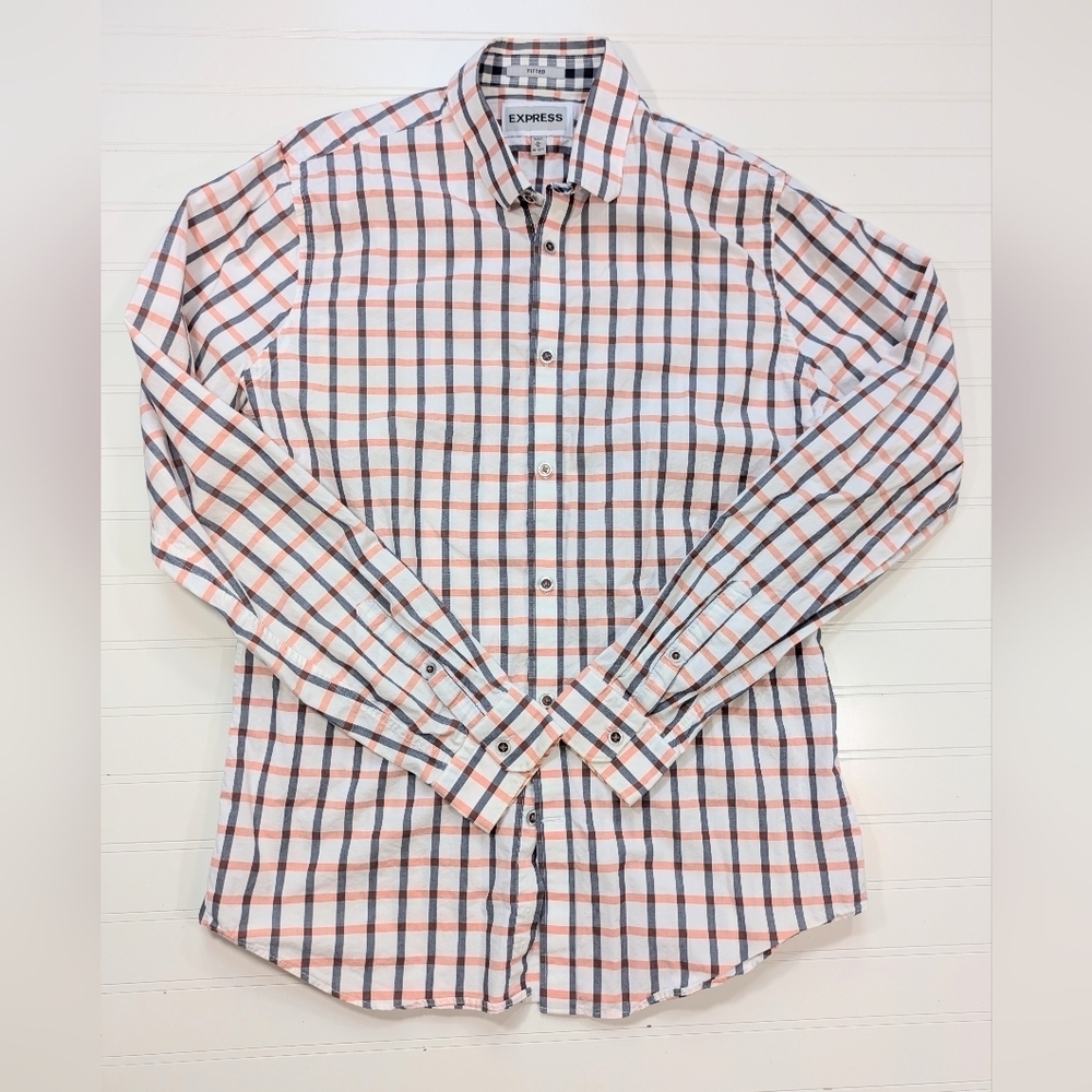 Express White/Orange Plaid Fitted Button Down Shirt